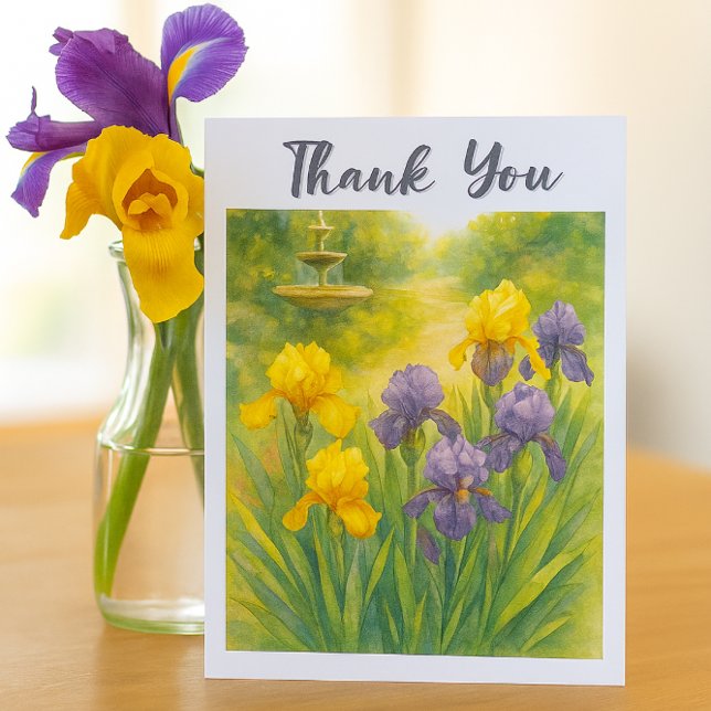 Vattenfärg Lila & Gula Iris Födelsedagsfirande  Tack Kort (Watercolor yellow and purple irises / Garden image thank you card for her )