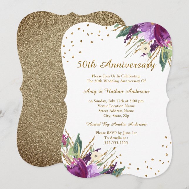 Vattenfärg Lila Guld Blomma 50-årsjubileum Inbjudningar (Fram/baksida)