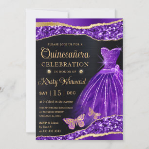 Vattenfärg Lila Guld Glitter Klänning Quinceanera Inbjudningar