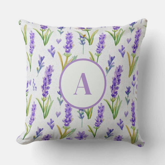 Vattenfärg Lila Lavendel Mönster Monogram Kudde (Framsida)
