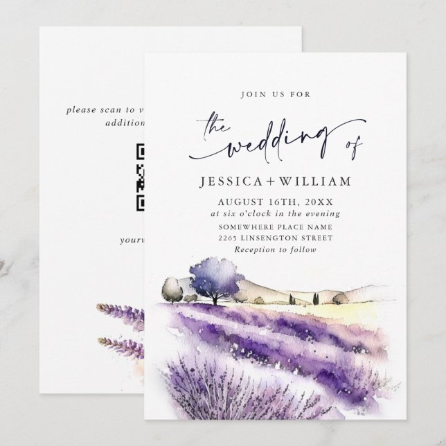 Vattenfärg Lila Lavendelfält Bröllops QR-kod Inbjudningar (Fram/baksida)