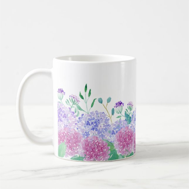 Vattenfärg Lila Och Blå Hortensior Kaffemugg (Vänster)