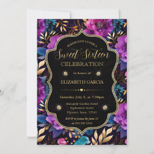 Vattenfärg Lila och Guld Blommor Sweet 16 Inbjudningar