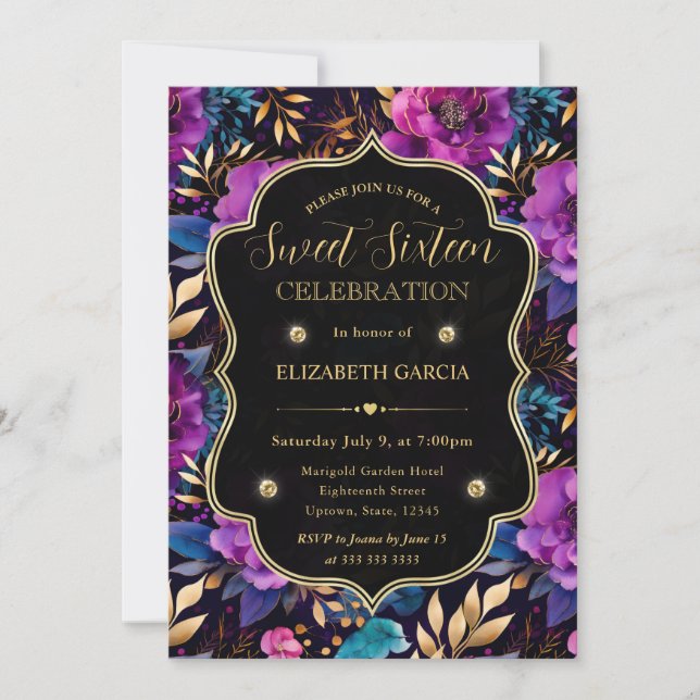 Vattenfärg Lila och Guld Blommor Sweet 16 Inbjudningar (Framsida)