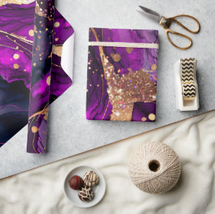 Vattenfärg Lila och Guld Glitter Alkoholbläck Presentpapper