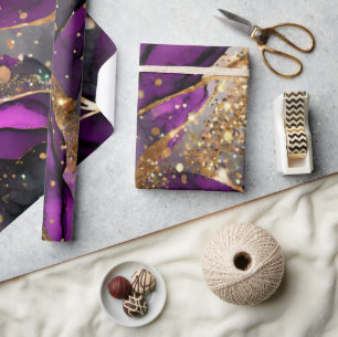 Vattenfärg Lila och Guld Glitter Alkoholbläck Presentpapper