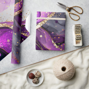 Vattenfärg Lila och Guld Glitter Alkoholbläck Presentpapper