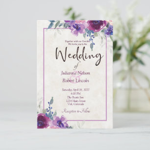 Vattenfärg lila och mauve blomsterbröllopsinbjudan inbjudningar