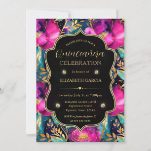 Vattenfärg Lila och Turkos Blommor Quinceanera Inbjudningar