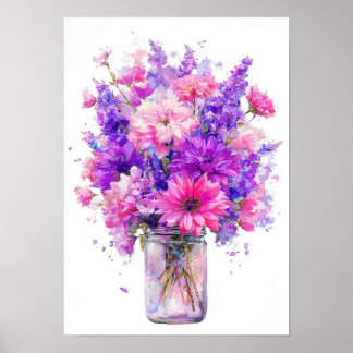 Vattenfärg Lila Rosa Blomsterbukett i Kruka Poster