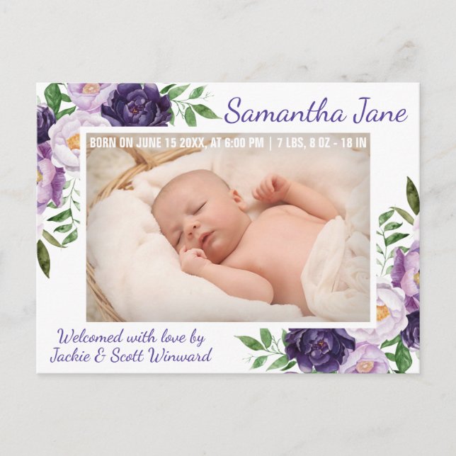 Vattenfärg Lila Vårblommor Baby Födelse Meddelande Vykort (Framsida)