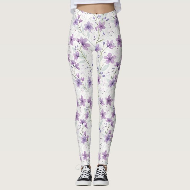 Vattenfärg Lila Vildblommiga Mönster Leggings (Framsida)