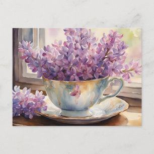 Vattenfärg Lilac Flowers i Vintage Tekopp Vykort