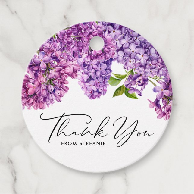 Vattenfärg Lilafärgade Blommor Babyfirande Tack Ko Gåvor Etiketter (Framsida)