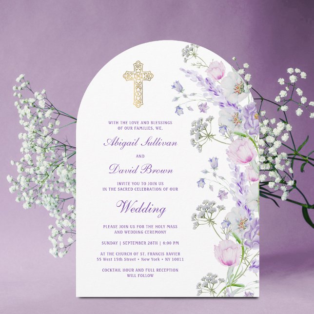 Vattenfärg Lilafärgade Blommor Båge Religiös Bröll Inbjudningar (Skapare uppladdad)