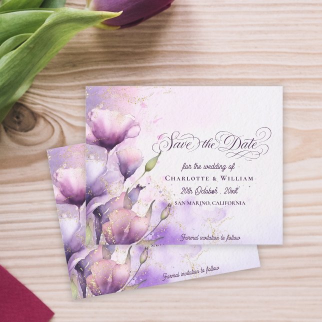 Vattenfärg Lilafärgade Blommor Bröllop Spara Datum (Watercolor Lilac Flowers Wedding Save the Date)