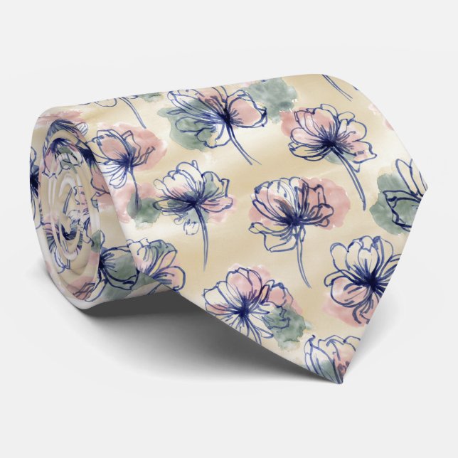 Vattenfärg Linje Blommönster Slips (Rullad)