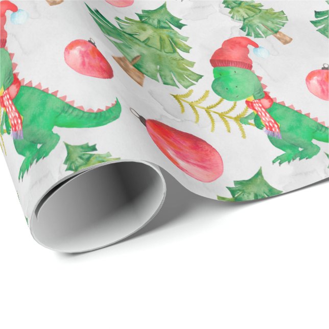 Vattenfärg Little Dinosaur Dresed for jul Presentpapper (Rullad Hörn)