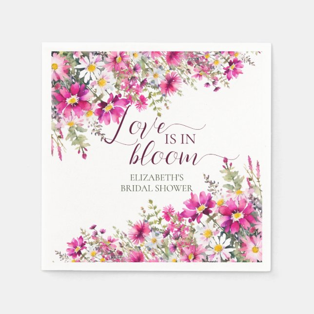 Vattenfärg Ljusa Rosa Blommor Kärlek i Blom Pappersservett (Framsidan)