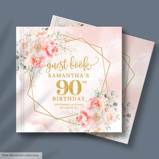 Vattenfärg Ljusa rosa Guld Blommor 90:e Guest Bok (Watercolor Light Pink Gold Flowers 90th Guest Book)