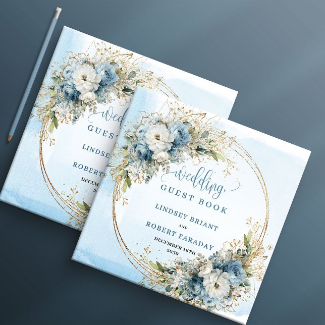 Vattenfärg Ljusblå Blommig Guld Glitter Boho Gästböcker (Watercolor Light Blue Floral Gold Glitter Guest Book

)