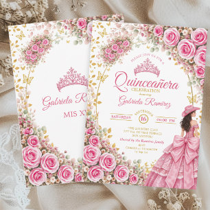 Vattenfärg Ljust Rosa Rosor Guld Quinceañera Inbjudningar