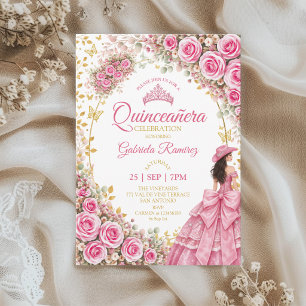 Vattenfärg Ljust Rosa Rosor Guld Quinceañera Inbjudningar