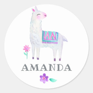 Vattenfärg Llama Barns födelsedag Party Runt Klistermärke
