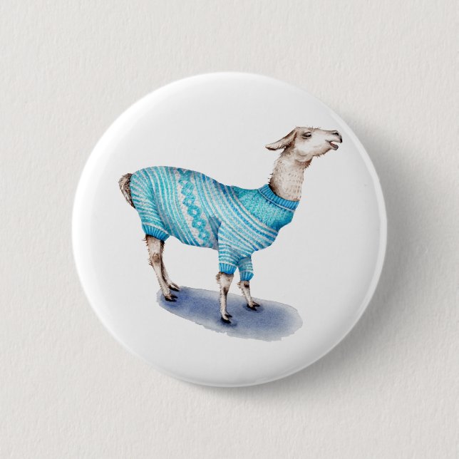 Vattenfärg Llama i blå sötare Knapp (Framsida)