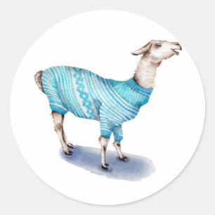 Vattenfärg Llama i blå sötare Runt Klistermärke