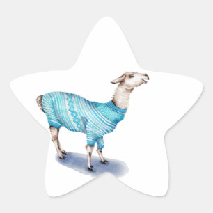 Vattenfärg Llama i blå sötare Stjärnformat Klistermärke