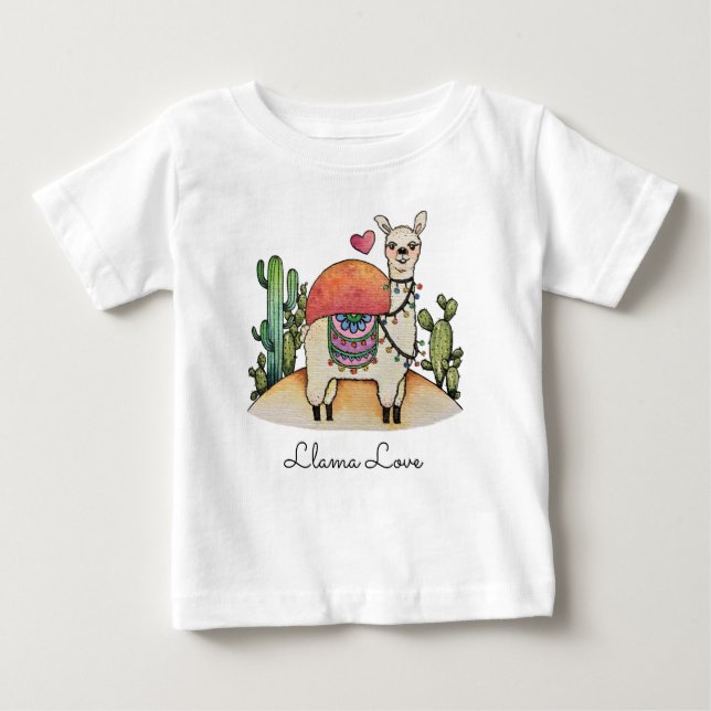 Vattenfärg Llama med kaktus T Shirt (Framsida)