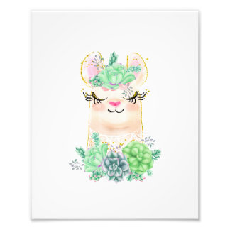 Vattenfärg Llama med Succulents Photo Print Fototryck