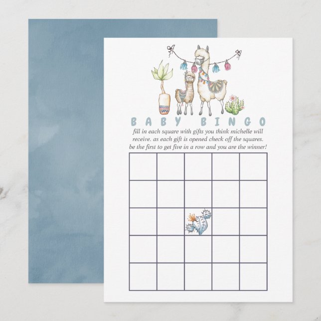 Vattenfärg Llama-tema Baby Shower Bingo Inbjudningar (Fram/baksida)