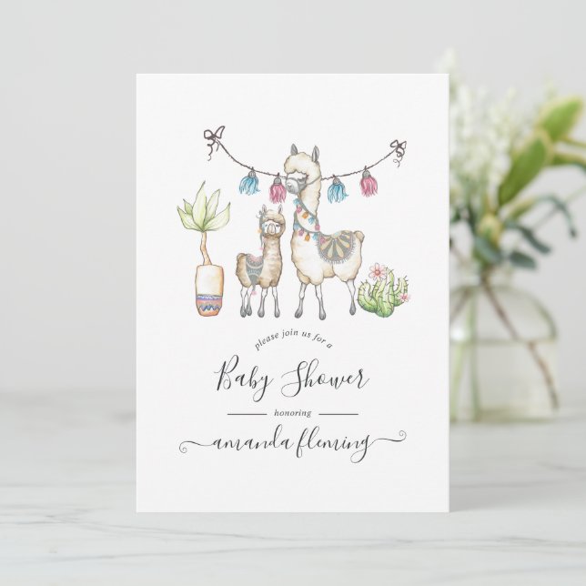 Vattenfärg Llama-tema Baby Shower Inbjudningar (Stående Fram)