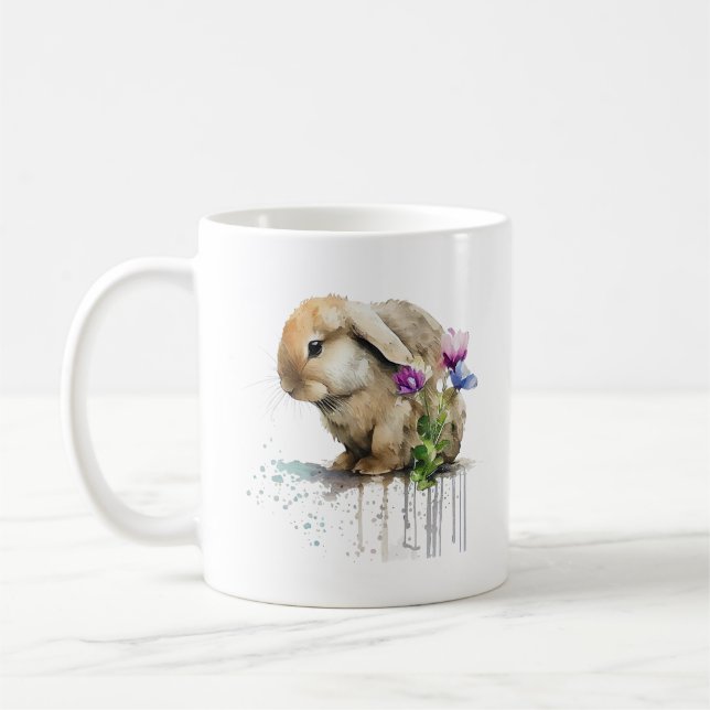 Vattenfärg Lop Bunny Rabbit med blommor Kaffemugg (Vänster)