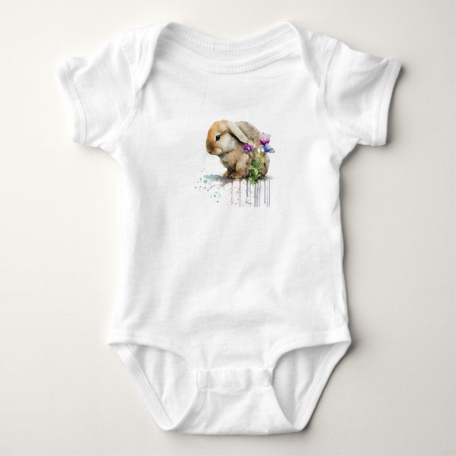Vattenfärg Lop Bunny Rabbit med blommor T Shirt (Framsida)