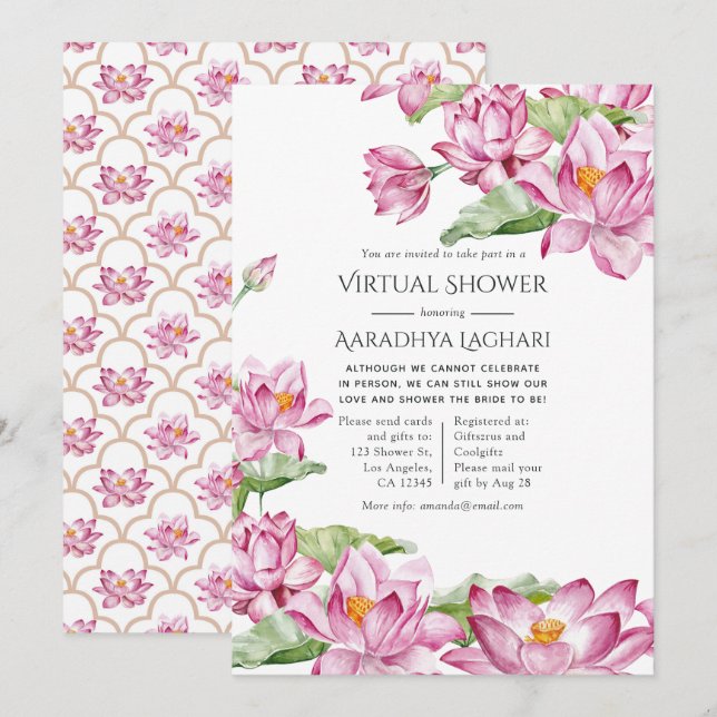 Vattenfärg Lotusblomma Indisk Virtuell Dusch Inbjudningar (Fram/baksida)