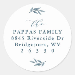 Vattenfärg löv blå returadressetikett runt klistermärke