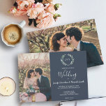 Vattenfärg löv monogram fotomarin blå Bröllop Inbjudningar<br><div class="desc">Eleganten har en monogrammad vattenfärg botaniskt,  marinblått,  bröllopsinbjudan med dina egna foton. För vår,  sommar,  fall eller vinterbröllop. Grönt gren vattenfärgsdesign på vitt kort. Du kan enkelt lägga till egna foton för att göra dem mycket personliga och unika och lägga till egen text.</div>