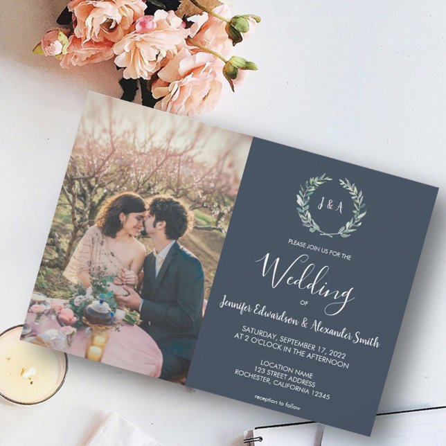 Vattenfärg löv monogram fotomarin blå Bröllop Inbjudningar (Skapare uppladdad)