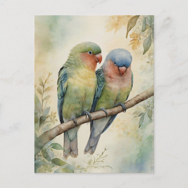 Vattenfärg Lovebird Eucalyptus Träd Vykort (Framsida)