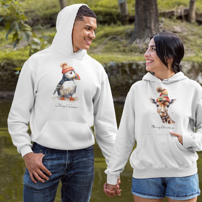 Vattenfärg Lunnefågel Jul Kustmode Hoodie (Skapare uppladdad)