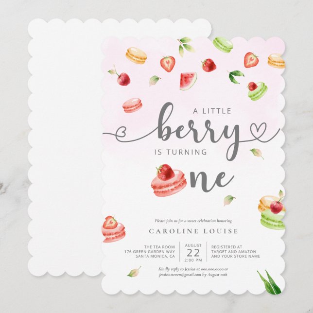Vattenfärg Macarons Little Berry Baby Shower Invit Inbjudningar (Fram/baksida)