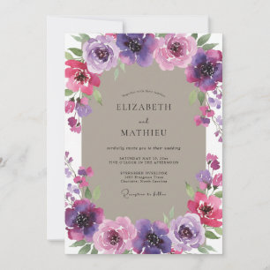 Vattenfärg Magenta Taupe Peony Bröllop Inbjudningar