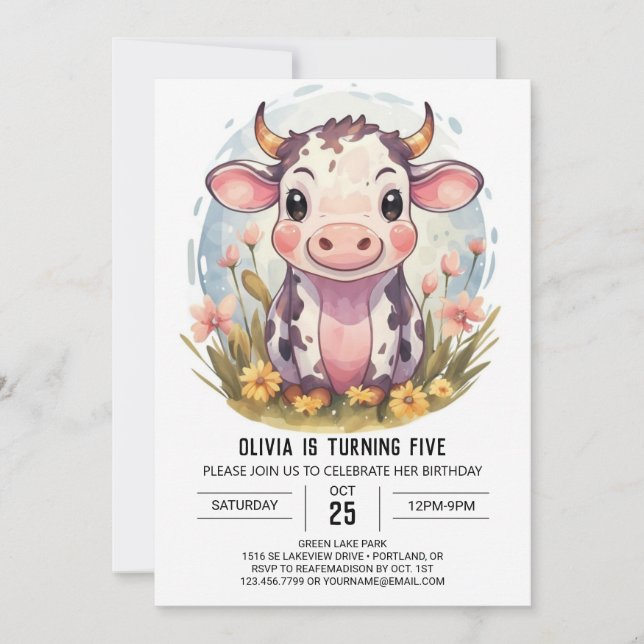 Vattenfärg Magic Farmyard Cow Birthday Inbjudningar (Framsida)