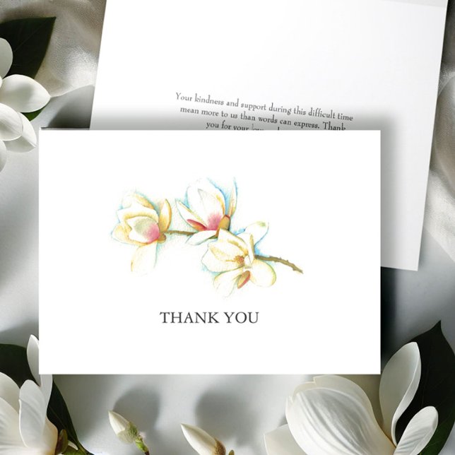 Vattenfärg Magnolia Flower Funeral Tack Ditt kort (Funeral thank you cards watercolor white magnolia flower art by Victoria Grigaliunas Do Tell A Belle)