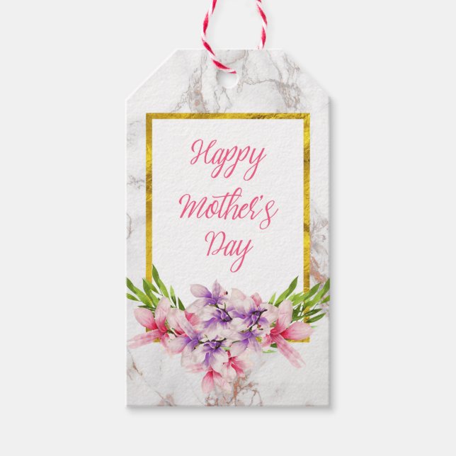 Vattenfärg Magnolia på Marble Struktur Mors dag Presentetikett (Framsidan)
