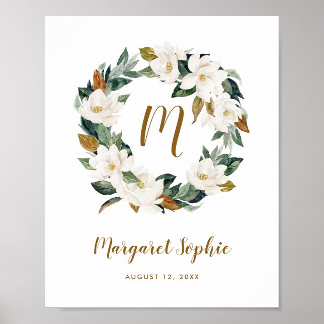 Vattenfärg Magnolia Wandeersery Baby Monogram Poster (Framsidan)