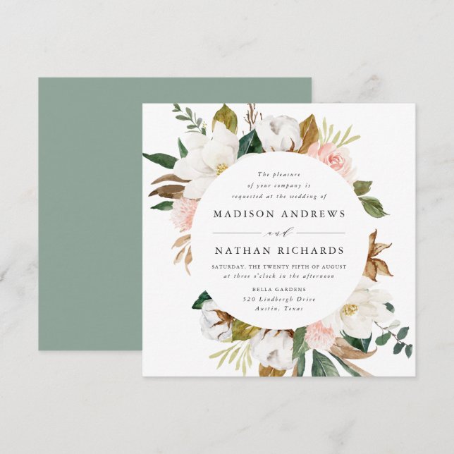 Vattenfärg Magnolias | BLOMMIGT BRÖLLOP Inbjudningar (Fram/baksida)